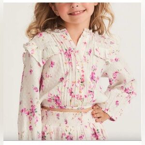 LOVESHACKFANCY floral lace ruffles cropped Oda Top Pink long sleeve size 4-5